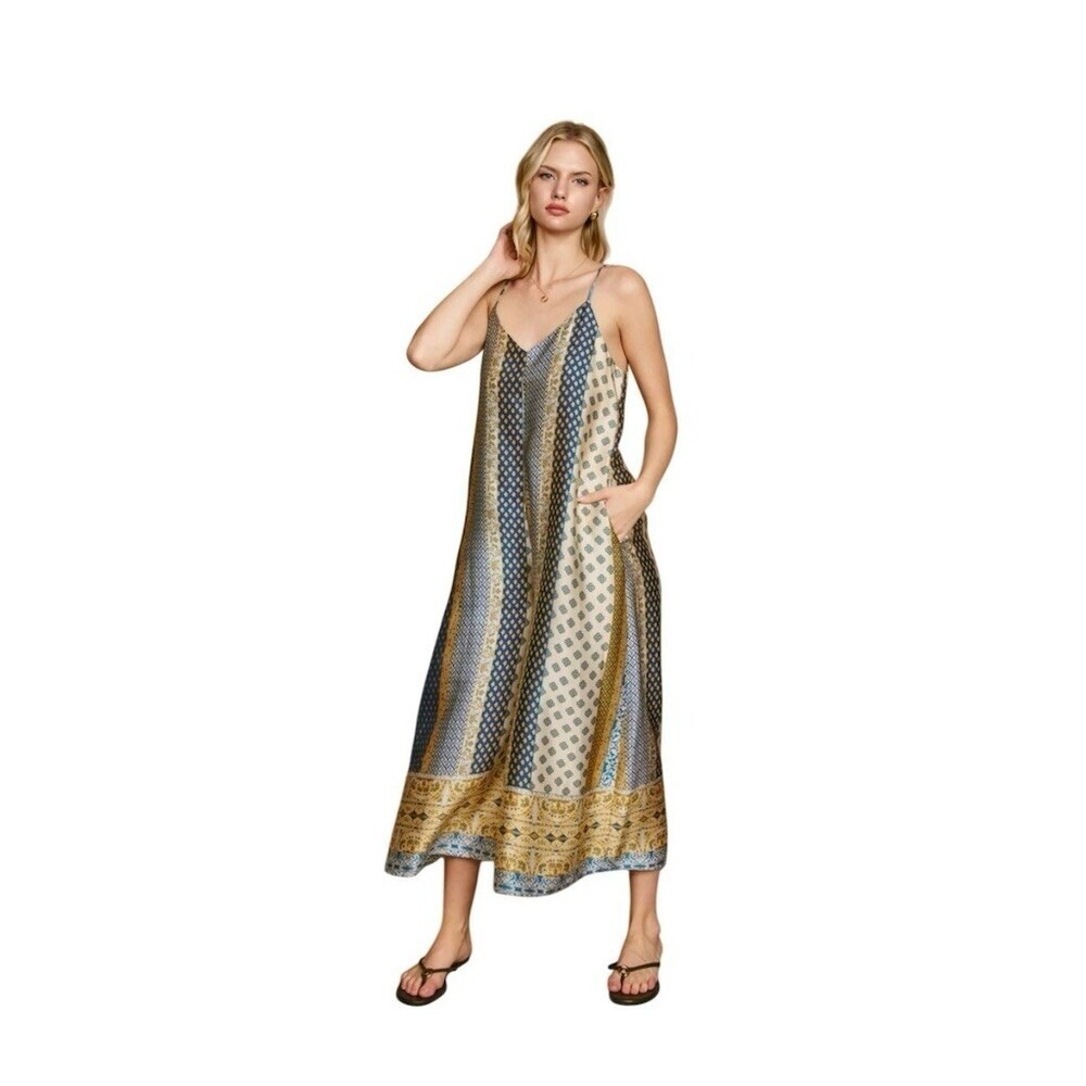 Wide Leg Silky Satin Boho Patchwork Palazzo Jumpsuit L Hippie Festival Gypsy - Picture 4 of 16